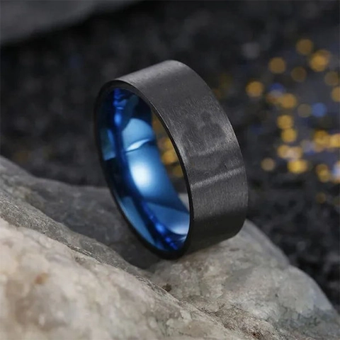 Anello da Uomo Minimalista in Acciaio Inossidabile Spazzolato Opaco Moda Interno Blu Placcatura IP Anello a Fascia Unisex Gioielli