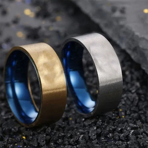 Anello da Uomo Minimalista in Acciaio Inossidabile Spazzolato Opaco Moda Interno Blu Placcatura IP Anello a Fascia Unisex Gioielli