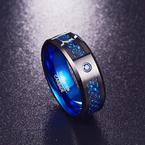 Men Titanium Steel Celtic Dragon Inlaid Zirconia Ring Blue Black Carbon Fiber Pattern Fashion Punk Band Ring Jewelry Gift