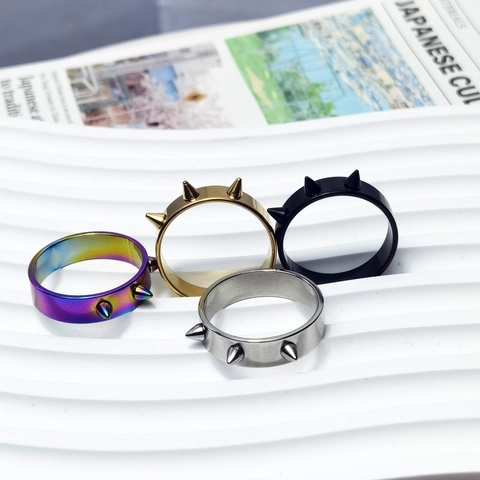Punk Rock Hip Hop Stainless Steel Spike Stud Ring Unisex Gothic Band Ring For Men Women Gold Silver Black Rainbow Jewelry
