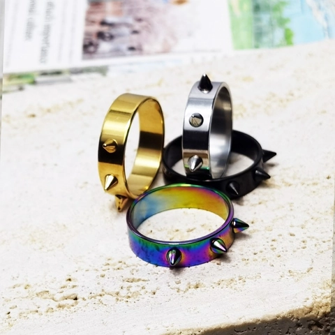 Punk Rock Hip Hop Stainless Steel Spike Stud Ring Unisex Gothic Band Ring For Men Women Gold Silver Black Rainbow Jewelry