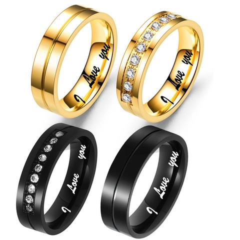 Anillo Grabado I Love You de Acero de Titanio de Moda Pareja Anillo de Dedo de Acero Inoxidable con Strass para Mujer Hombre