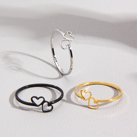 Minimalist Stainless Steel Heart Ring Hollow Out Double Heart Design For Women Fashion Jewelry Daily Accessory Gift