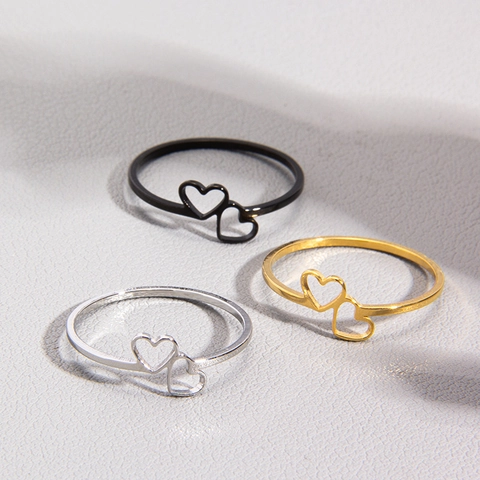 Minimalist Stainless Steel Heart Ring Hollow Out Double Heart Design For Women Fashion Jewelry Daily Accessory Gift