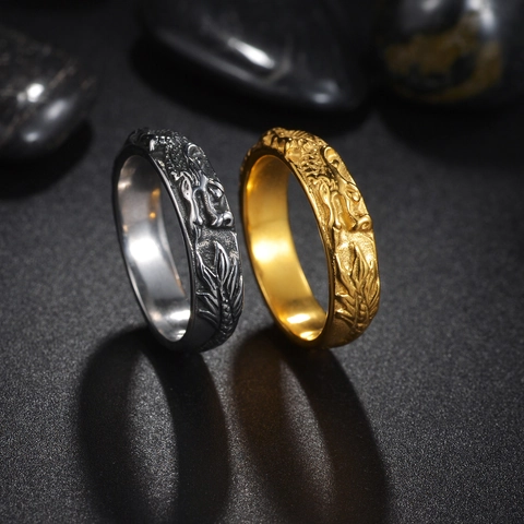 Vintage Stainless Steel Dragon Relief Ring For Men Women Oriental Style Embossed Totem Gold Silver Finger Band Fashion Jewelry