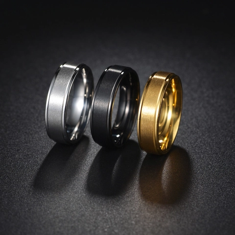 Bague en Acier Inoxydable pour Homme Femme Minimaliste Bord en Escalier Brossé Mat Anneau Bijoux de Mode Or Argent Noir