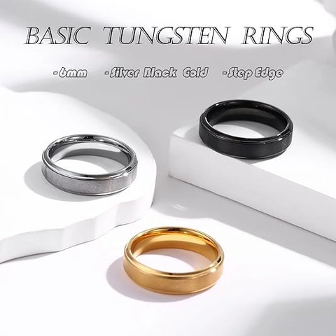 Bague en Acier Inoxydable pour Homme Femme Minimaliste Bord en Escalier Brossé Mat Anneau Bijoux de Mode Or Argent Noir