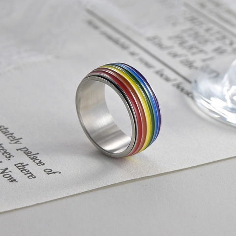 Roestvrijstalen Regenboog Spinner Ring Voor Stressverlichting Roterende Geëmailleerde Strepen Bandring Voor Heren Dames Pride Sieraden