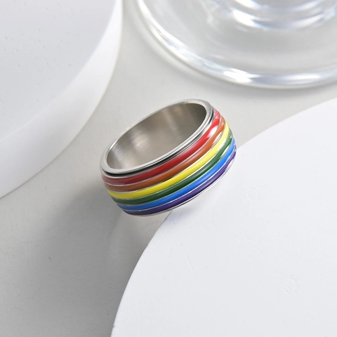 Roestvrijstalen Regenboog Spinner Ring Voor Stressverlichting Roterende Geëmailleerde Strepen Bandring Voor Heren Dames Pride Sieraden