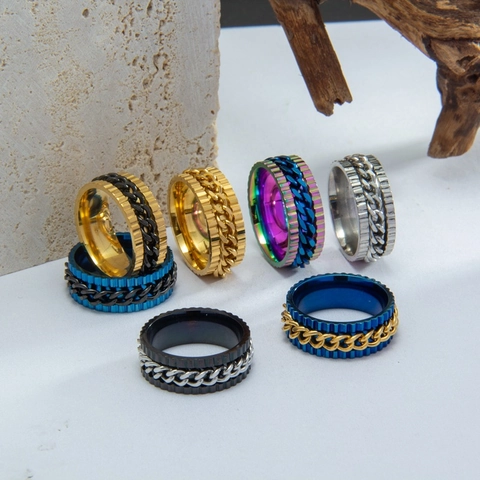 Stainless Steel Spinner Ring Rotatable Chain Gear Design Anti Stress Relief Rings For Men Women Hip Hop Punk Jewelry