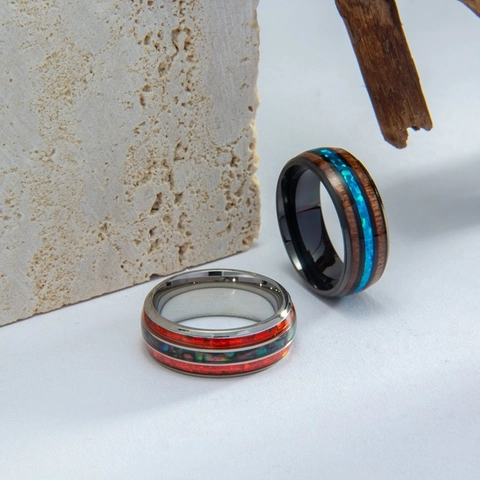Vintage Stainless Steel Wood Inlay Ring For Men Women Acacia Wood Artificial Opal Inlaid Band Ring Retro Fashion Jewelry Finger Ring