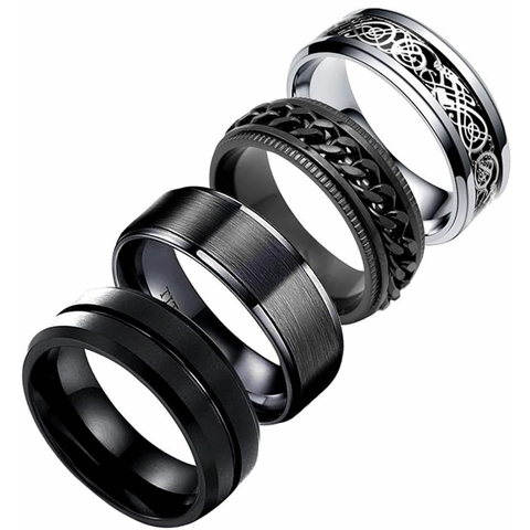 Men Titanium Steel Rings Black Silver Celtic Knot Rotating Chain Brushed Matte Band Rings Fashion Jewelry Assortment