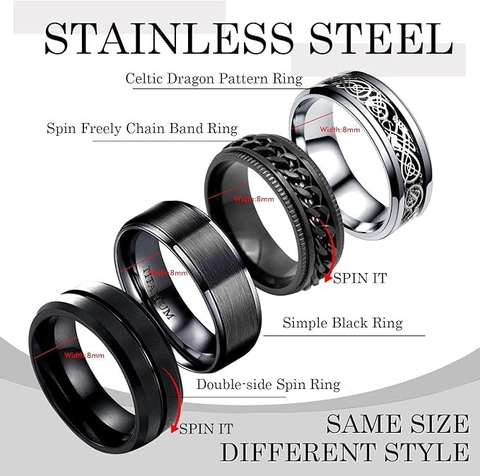 Men Titanium Steel Rings Black Silver Celtic Knot Rotating Chain Brushed Matte Band Rings Fashion Jewelry Assortment