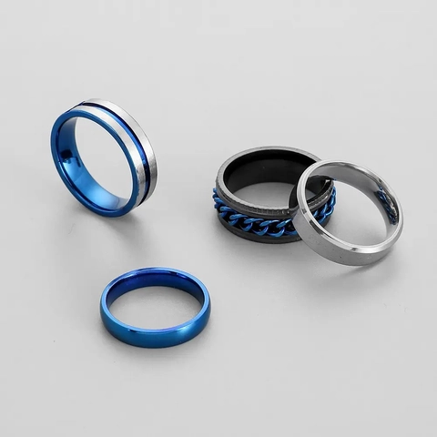 Titanstahl Ringe Für Herren Minimalistisch Gebürstet Poliert Blau Schwarz Spinner Kette Ring Geometrischer Modeschmuck Zubehör Unisex
