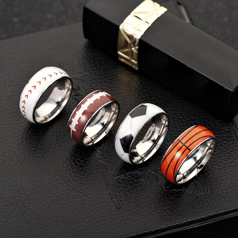 Sporty 304 Stainless Steel Rings For Men Women Football Basketball Rugby Baseball Pattern Polished Finger Band Jewelry Durable Fashion Accessory