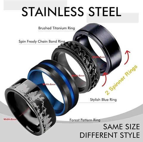 Vintage Titanium Steel Ring Set For Men Black Brushed Forest Reindeer Pattern Spinning Chain Band Ring Punk Rock Jewelry