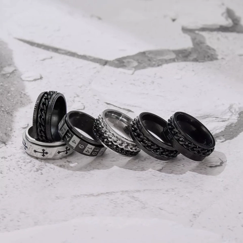 Men Titanium Steel Spinner Rings Set Rotating Anxiety Relief Band Rings Punk Street Style Roman Numeral Cross Chain Rings