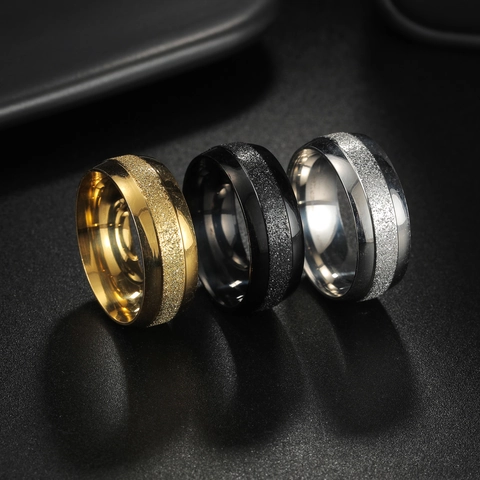 8mm Men Stainless Steel Frosted Band Ring Minimalist Gold Silver Black Polished Couple Ring Wedding Jewelry For Unisex