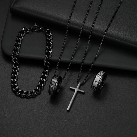 Retro Titaniumstaal Religieuze Sieradencollectie Kruis Ketting Jezus Gebedsring Cubaanse Schakel Armband Voor Unisex