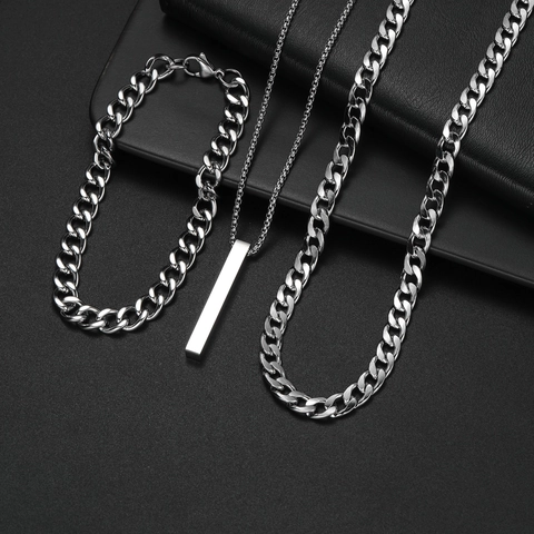 Collares Y Pulsera De Acero Inoxidable Hip Hop Para Hombres Mujeres Cool Punk Cadena Cubana Colgante Rectangular Joyería