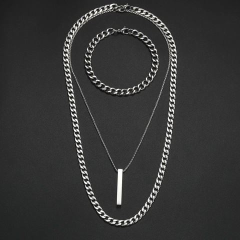 Collares Y Pulsera De Acero Inoxidable Hip Hop Para Hombres Mujeres Cool Punk Cadena Cubana Colgante Rectangular Joyería