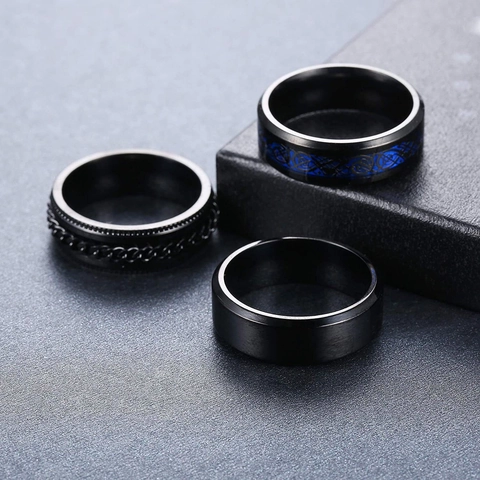 Set di 8 Anelli Spinner da Uomo in Acciaio Inossidabile Nero Cool Gothic Punk Catena Drago Modello Rotante Anelli per Ansia