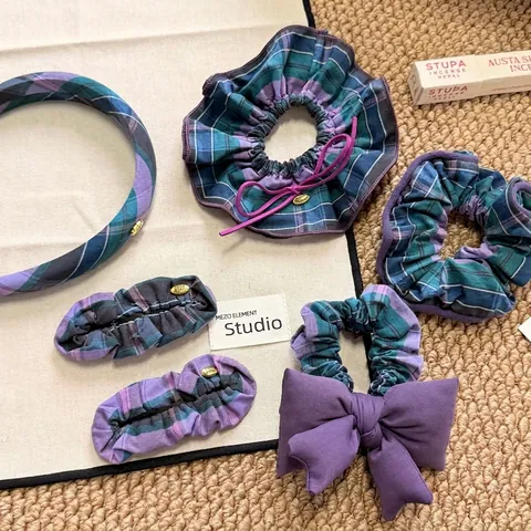 Vintage Blau Violett Kariert Haarschmuck Stoff Haargummi Schleife Haarseil Kariertes Stirnband Für Damen Täglich Dekoration