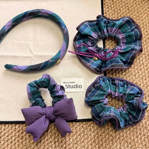 Vintage Blau Violett Kariert Haarschmuck Stoff Haargummi Schleife Haarseil Kariertes Stirnband Für Damen Täglich Dekoration