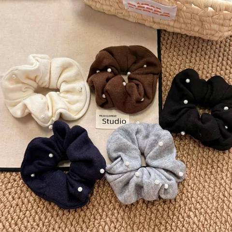 Coleteros de Punto de Otoño Invierno Con Perlas Artificiales Elegante Tela Grande Elástico para Cabello Mujer Accesorios