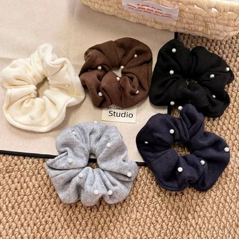 Coleteros de Punto de Otoño Invierno Con Perlas Artificiales Elegante Tela Grande Elástico para Cabello Mujer Accesorios