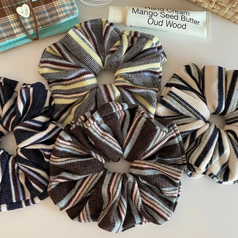 Chouchous Rayés en Tricot Style Académie Rétro Élastiques à Cheveux Élégants Grands Chouchous en Tissu Côtelé pour Femmes Accessoires Quotidiens