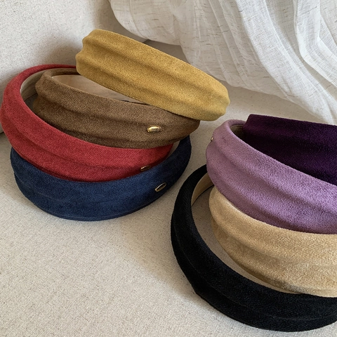 Vintage Faux Suede Wide Brim Headband Thickened High Top Padded Sponge Hair Band Handmade Metal Tag Accessories Women