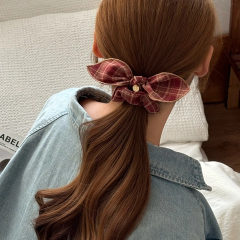 Vintage Plaid Bow Hair Scrunchies Polyester Cotton Fabric Elastic Hair Ties Pony Tail Holder With Metal Charm For Women Girls
