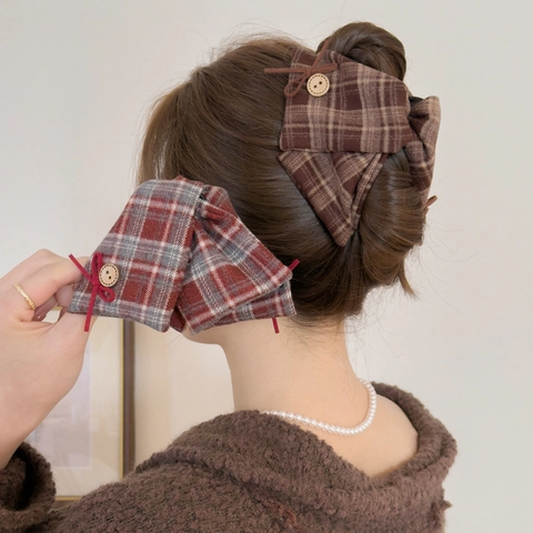 Vintage Koreanischen Stil Karo Stoff Schleife Haarklammer Große Retro Haargreifer Für Damen Elegante Preppy Holz Knopf Haarschmuck
