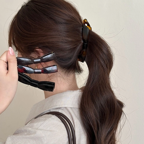 Vintage Bowknot Banana Clip Resin Tortoiseshell Vertical Hair Claw For High Ponytail Elegant Twist Clip Hair Accessories Women
