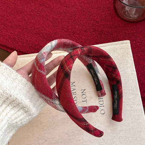 Cerchietto Imbottito Vintage a Quadri Rossi Per Donna Stile Britannico Fascia in Tweed Tartan Fatto a Mano Accessori Per Capelli Invernali