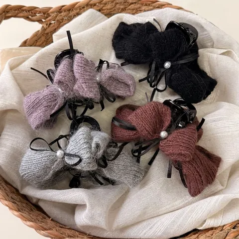 Eleganter Strickschleife Haarklammer Vintage Garn Schleifen Haarnadel Mit Kunstperlen Band Dekor Damen Haar Styling Zubehör