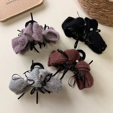Eleganter Strickschleife Haarklammer Vintage Garn Schleifen Haarnadel Mit Kunstperlen Band Dekor Damen Haar Styling Zubehör