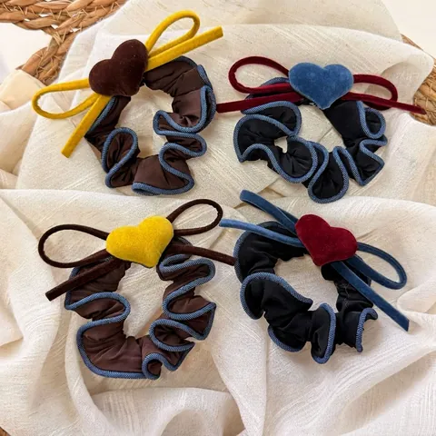 Vintage Color de Contraste Denim Lazo Atadura de Pelo Tela Terciopelo Corazón Coleteros Elegante Dulce Cuerda de Pelo Mujer Accesorios