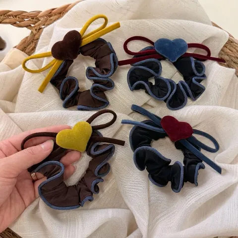 Vintage Color de Contraste Denim Lazo Atadura de Pelo Tela Terciopelo Corazón Coleteros Elegante Dulce Cuerda de Pelo Mujer Accesorios