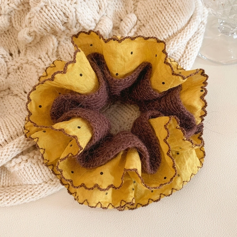 Korean Style Yellow Polka Dot Knitted Scrunchie For Women Autumn Winter Puffy Spliced Fabric Hair Ring Elastic Hair Tie