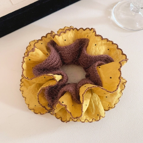 Korean Style Yellow Polka Dot Knitted Scrunchie For Women Autumn Winter Puffy Spliced Fabric Hair Ring Elastic Hair Tie