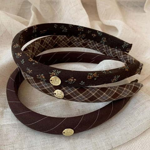 Vintage Brown Fabric Headband For Women Retro Floral Plaid Striped Wide Hairband With Gold Metal Label Hair Accessories
