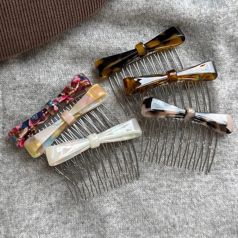 Vintage Acetate Bow Hair Comb For Women Metal 10 Teeth Hair Insert Comb Tortoiseshell Marble Pattern Anti-Slip Hairpin