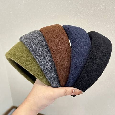 Diadema Acolchada de Paño de Lana de Color Sólido Retro para Mujer Otoño Invierno Parte Superior Craneal Alta Banda para el Cabello de Esponja Ancha Accesorios