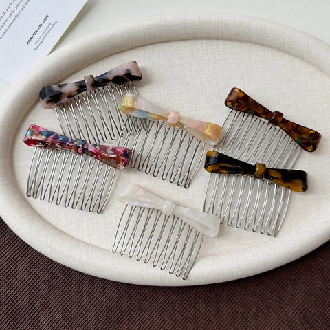 Vintage Acetate Bow Hair Comb For Women Metal 10 Teeth Hair Insert Comb Tortoiseshell Marble Pattern Anti-Slip Hairpin