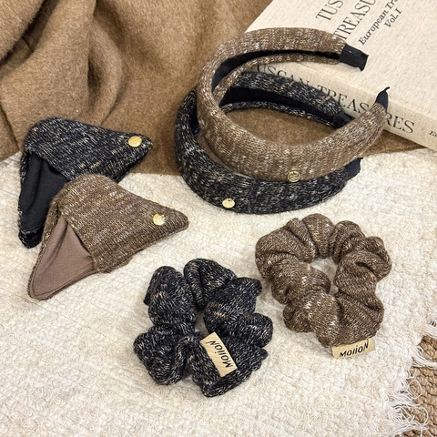 Vintage Knitted Woolen Hair Accessories For Women Winter Maillard Style Wide Headband Scrunchie Triangle Hair Clip Jewelry