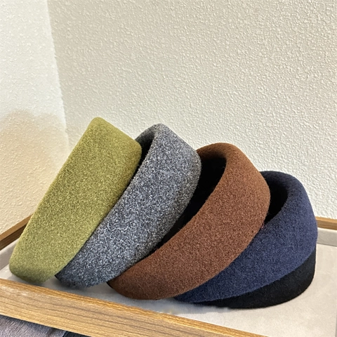 Diadema Acolchada de Paño de Lana de Color Sólido Retro para Mujer Otoño Invierno Parte Superior Craneal Alta Banda para el Cabello de Esponja Ancha Accesorios