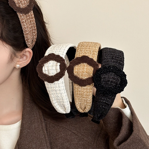 Vintage Tweed Plaid Wide Headband For Women Elegant Flower Round Ring Hair Hoop High Cranial Top Autumn Winter Headwear
