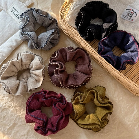 Women Knitted Ribbed Scrunchie Vintage Contrast Wavy Edge Elastic Hair Tie Ponytail Holder Autumn Winter Hair Accessories